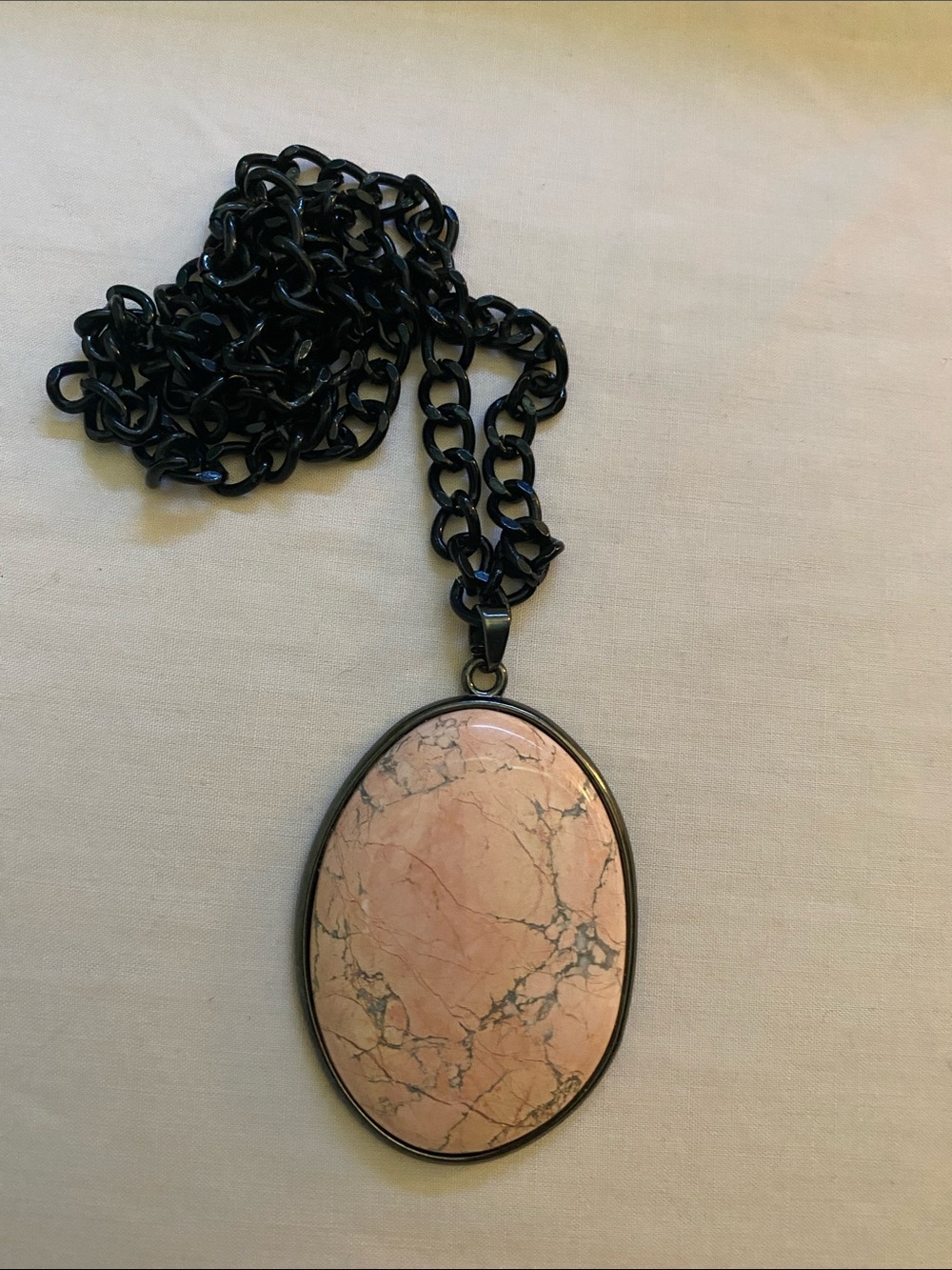 Oval Pink Stone Pendant Necklace BOHO STYLE on Black Chain! ⛓️‍💥